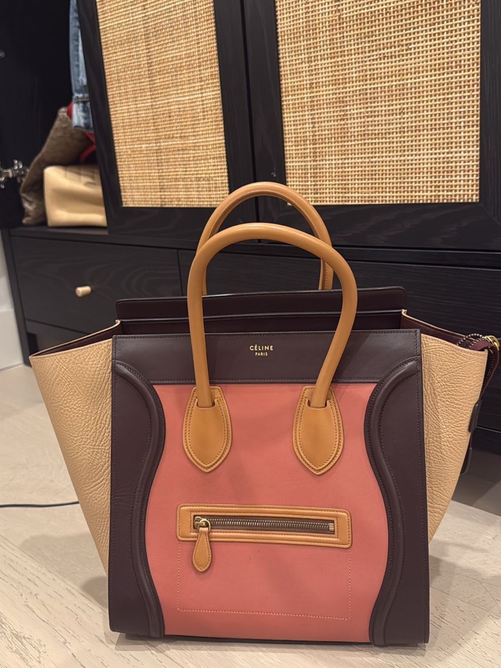 Celine Nano Multicolor Leather Mini Luggage Tote in Coral, Brown & Tan